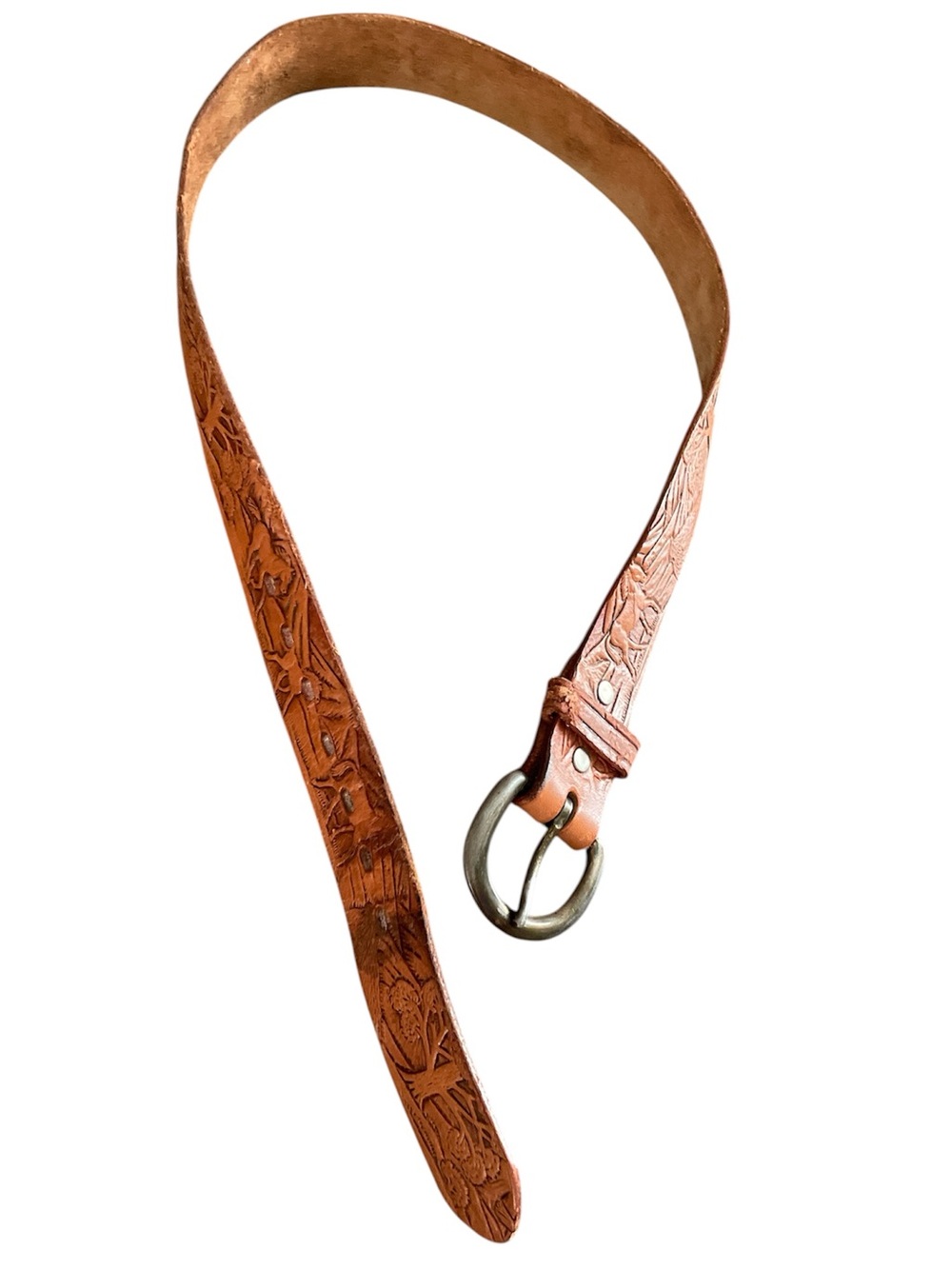 Vintage tooled brown leather etched horse belt